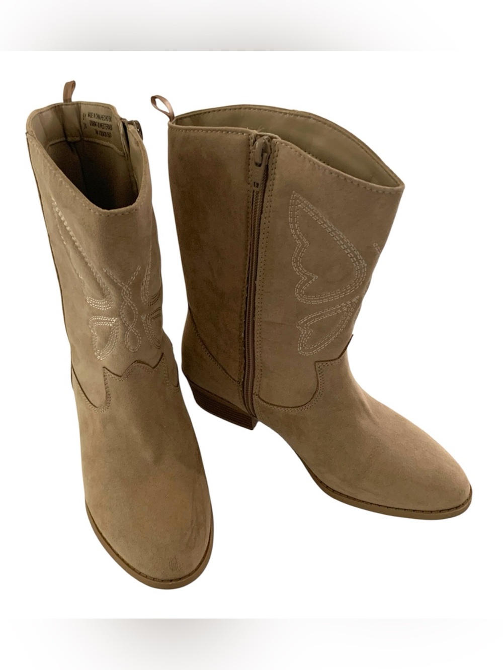 Old Navy Girls Tan Western Boots Embroidered Hearts Mid-Calf Boots Size 5Y